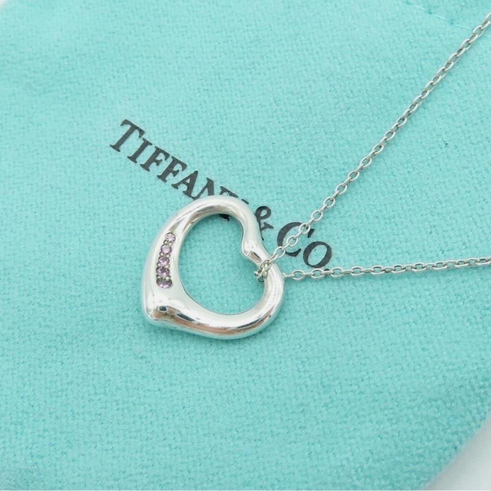 TIFFANY & CO . Elsa Peretti Open Heart 5P Pink Sapphire Chain Pendant Necklace